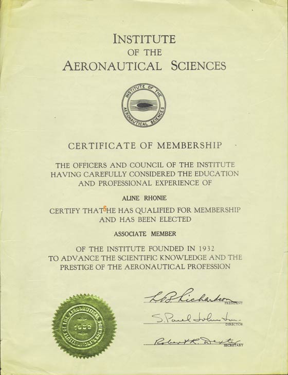 Membership Certificate, Institute of Aeronautical Sciences, 1932 (Source: Roberts)